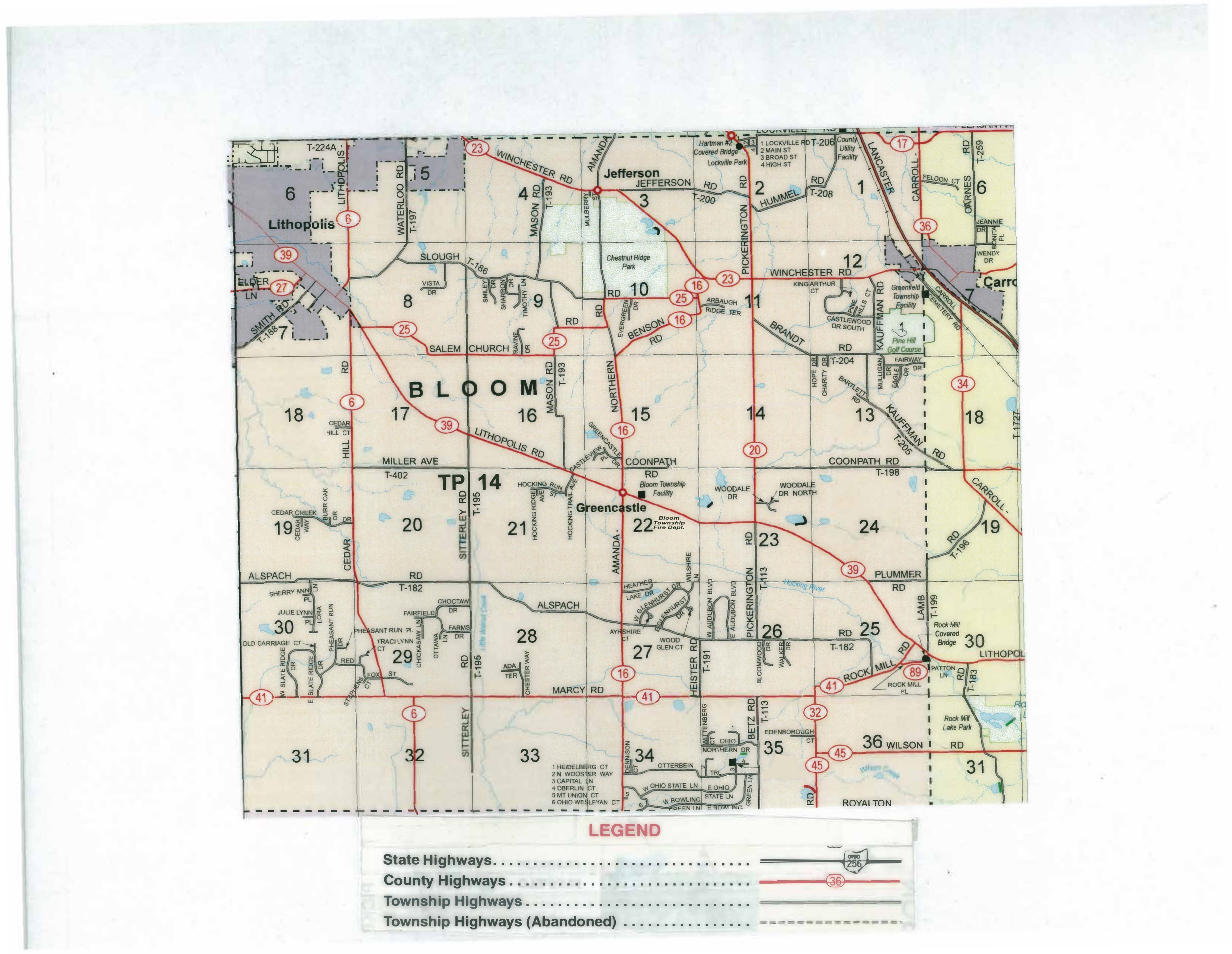 Road map of Bloom Township, Fairfield County, Ohio. The township is laid out as a grid of 36 numbered survey sections and shows state, county, and township roads, the communities of Lithopolis, Jefferson, Greencastle, Lockville, and Carroll, plus parks and landmarks. A full text description follows below the map.